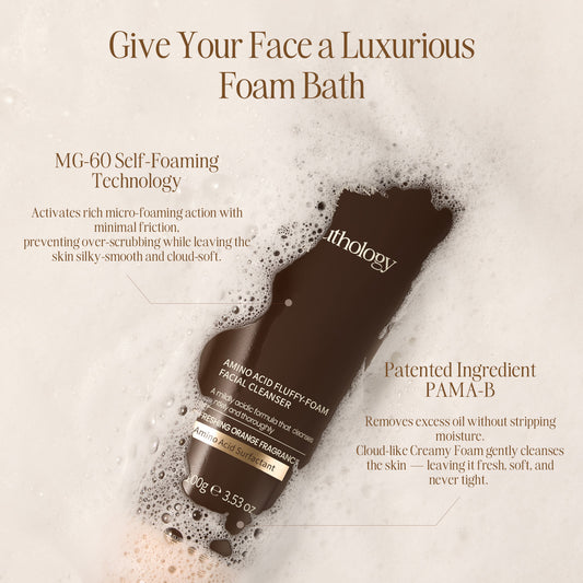 Thology facial cleanser with foam and text about self-foaming technology and patented ingredient PAMA-B.