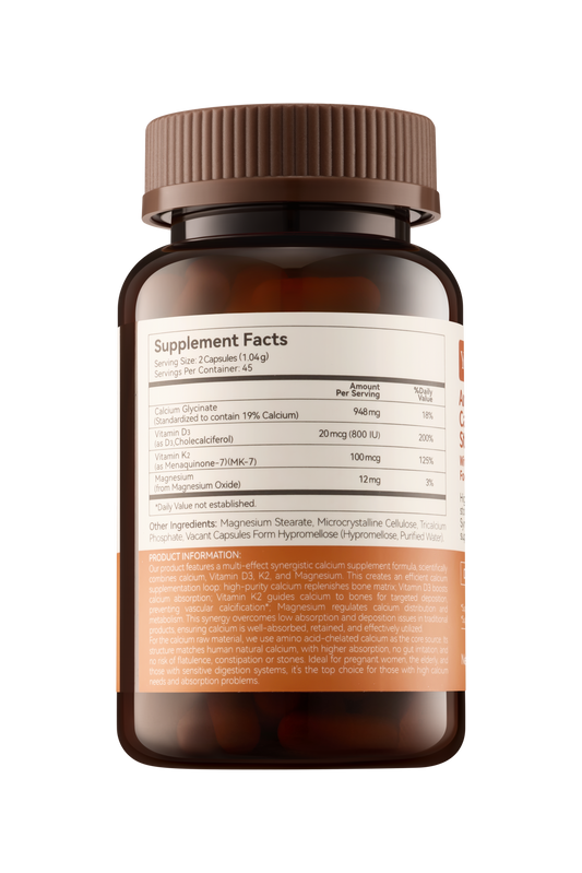 Amino Acid-Chelated Calcium For Sensitive Stomachs With D3, K2 And Magnesium For Enhanced Bioavailability